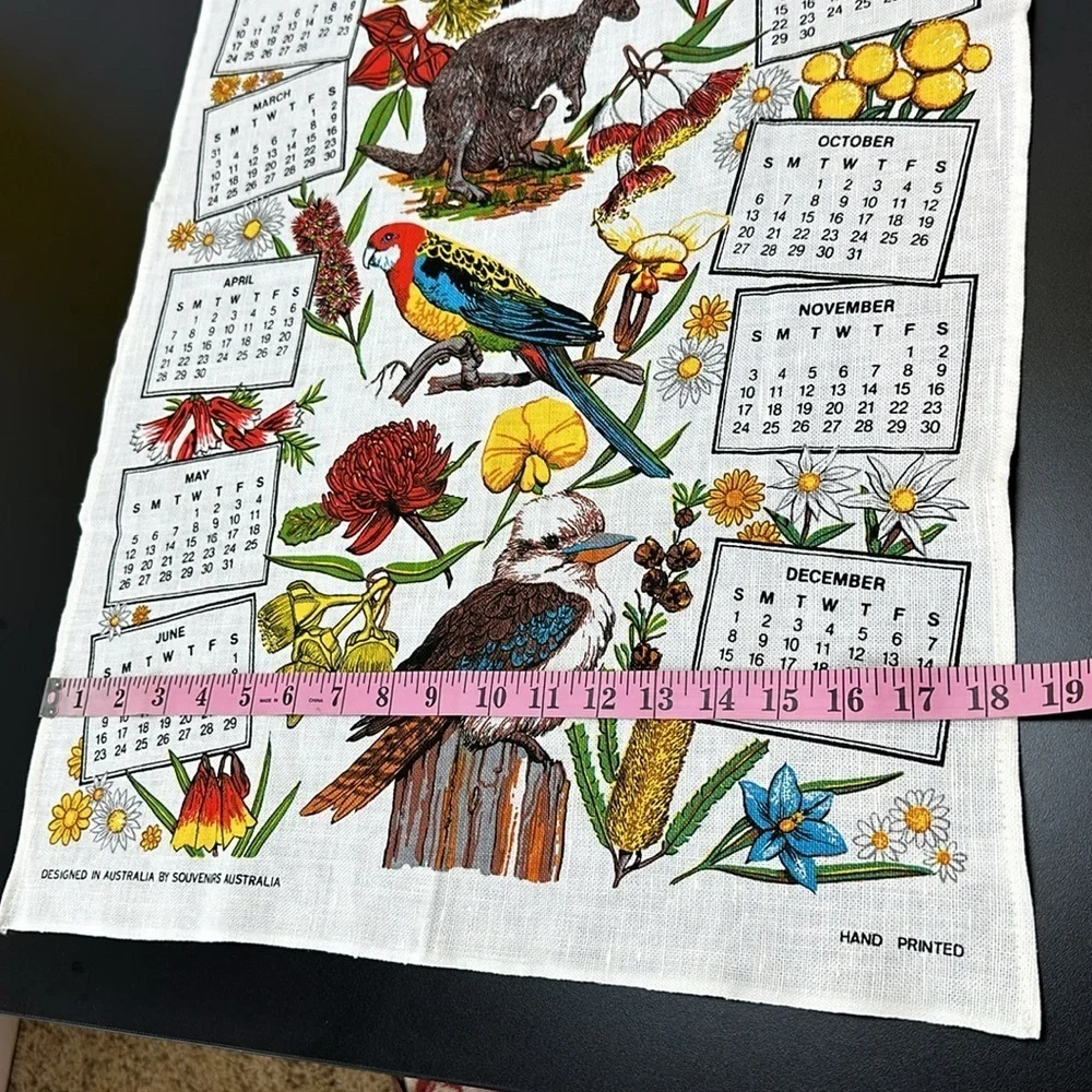 Australia 90s Kitchen Calendar Tea Towel Linen Blend Koala Kangaroo Parrot‎ 1991
